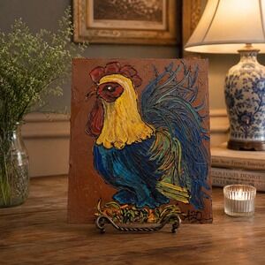 Original Signed Impasto Rooster Painting on Wood Folk Art Textured Chicken Art